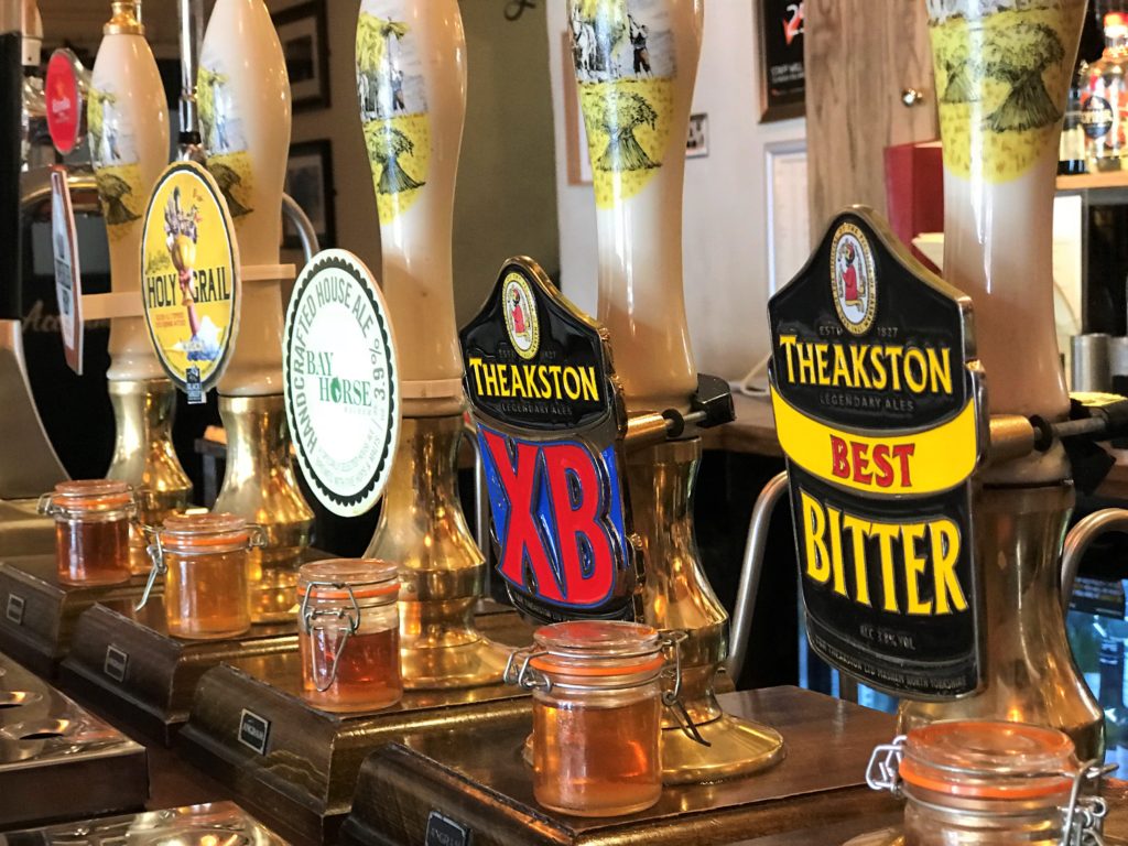 theakstons and black sheep real ale taps at the Bay Horse pub in Masham